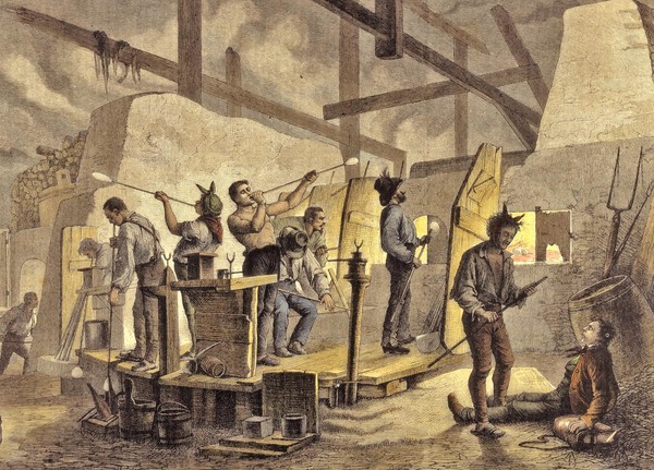 Die Grafik aus dem 19. Jahrhundert zeigt Glasbläser bei der Arbeit.