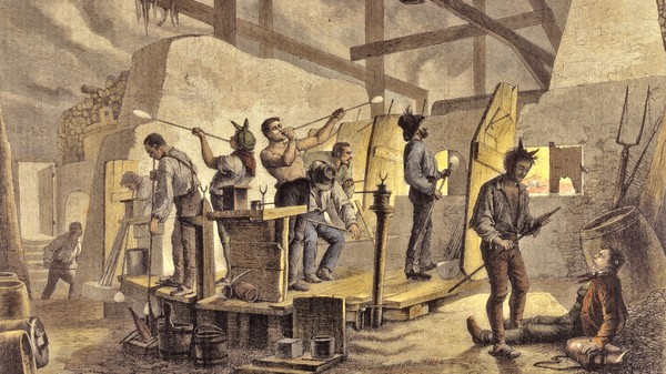 Historische Ansicht/Gemälde verschiedener Arbeiter in der Glashütte